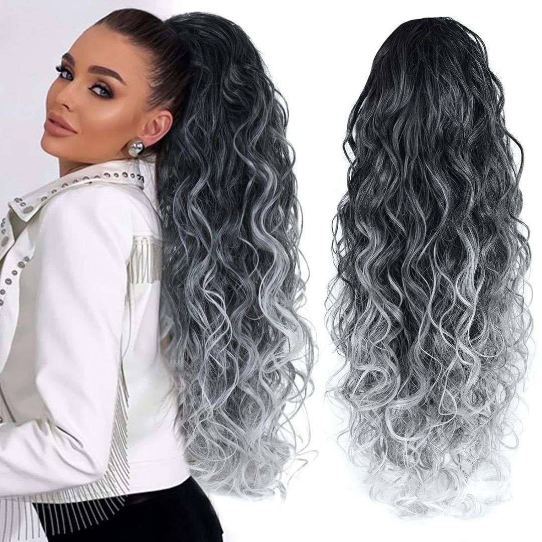 Ombre Gray Ponytail hairpiece for black women Drawstring Long Curly Pony Tail Hair Extainson Fake Ponytail Clip in Ponytail Extensions Gray Drawstring Ponytail for Black Women(Sliver Gray mix 6 OZ)