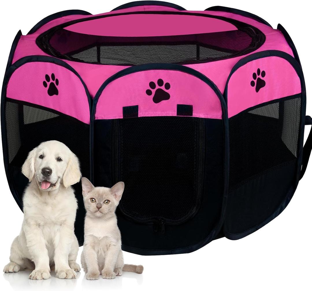 Dog Cat Playpen,Portable Puppy Kitten Pet Playpen Indoor for Small Dogs,Foldable Pet Exercise Pen Tents Cat House for Puppy Kitten Indoor Outdoor Travel Camping Use Removable Zipper Top (Pink)