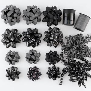 DYSHIPEN 16 Pcs Gift Bows,Bows for Gift Wrapping and Presents,2 Crimped Curling Ribbons,2 Curly Bows,Christmas Bows,for Parties, Birthdays, Weddings. (Black, 3.5in+2.5in)