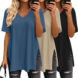 Huukeay 3 Pack Oversized Shirts for Women V Neck Workout T Shirt Casual Side Split Tee Short Sleeve Loose Tops Tunic Tops (Large, Black, Gray Khaki, Haze Blue)
