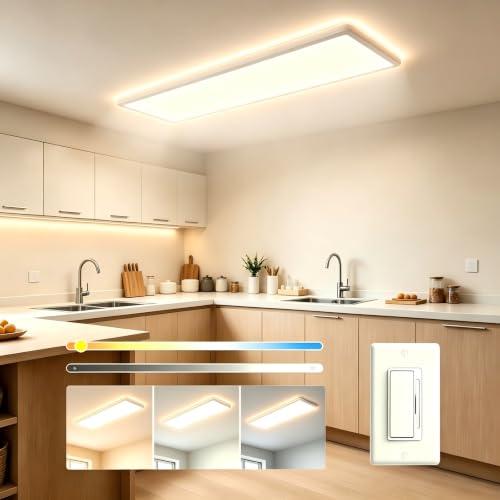 1Pack White 37.8In Flush Mount Ceiling Light, 24W 5280lm Thyristor (TRIAC) Dimmable Rectangle LED Ceiling Light, 3-CCT 3000-6500K with Memory Funcation, IP54 for Kitchen/ Bathroom/ Hallway/ Office