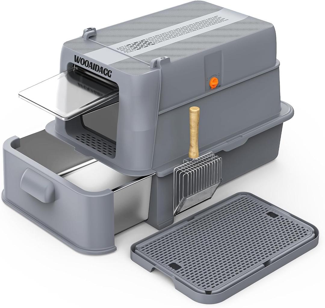 Wooaidagg Enclosed Stainless Steel Cat Litter Box with Odor Control, Modular Design with Drawer and Flip Door, Easy to Clean and Wash,Non-Stick Interior,Extra Large Size Fits All Cats(Dark Grey)