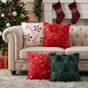 Tiamon 4 Pcs Christmas Throw Pillow Covers 18 x 18 Inch 3D Embroidered Plush Green Red Pillow Cases Christmas Tree Poinsettia Fluffy Faux Fur Cushion Covers for Sofa Couch Winter Holiday Party Decor