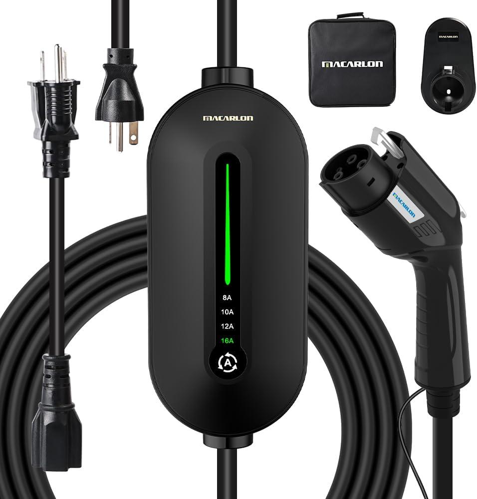 Level 1&2 EV Charger, Electric Vehicle Portable Charger, 8-16A Adjustable,with 25FT Cable, 110V-240V J1772 Electric Cars,NEMA 6-20 & NEMA 5-15 Plug, 3.84KW, IP66 Waterproof (Black)