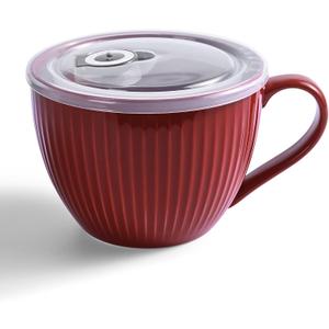 Ceramic Soup Mug with Lid, 24oz Large Soup Cup with Handle, Microwave Soup Bowl for Breakfast Cereal, Oatmeal, Overnight Oats, Coffee, Salad, Dishwasher Safe,Housewarming Wedding Gift (Red)