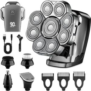 9D Head Shavers for Bald Men, 5-in-1 Electric Razor, Cordless Rechargeable Waterproof Wet/Dry Shaving Grooming Kit for Balder with Nose Trimmer, Massager, LED Smart Display, Gift for Husband Dad