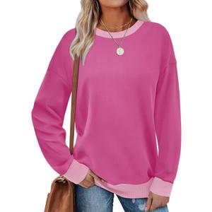 Saloogoe Sweatshirts for Women Crewneck Long Sleeve Loose Fit Tops Color Block Ribbed Trim Fashion 2025 (S)