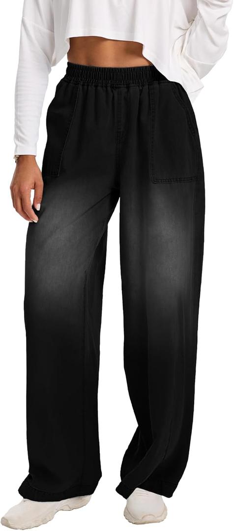 Wide Leg Baggy Jeans, Elastic Waist Jeans for Women Trendy Loose Pants (Medium, Black)
