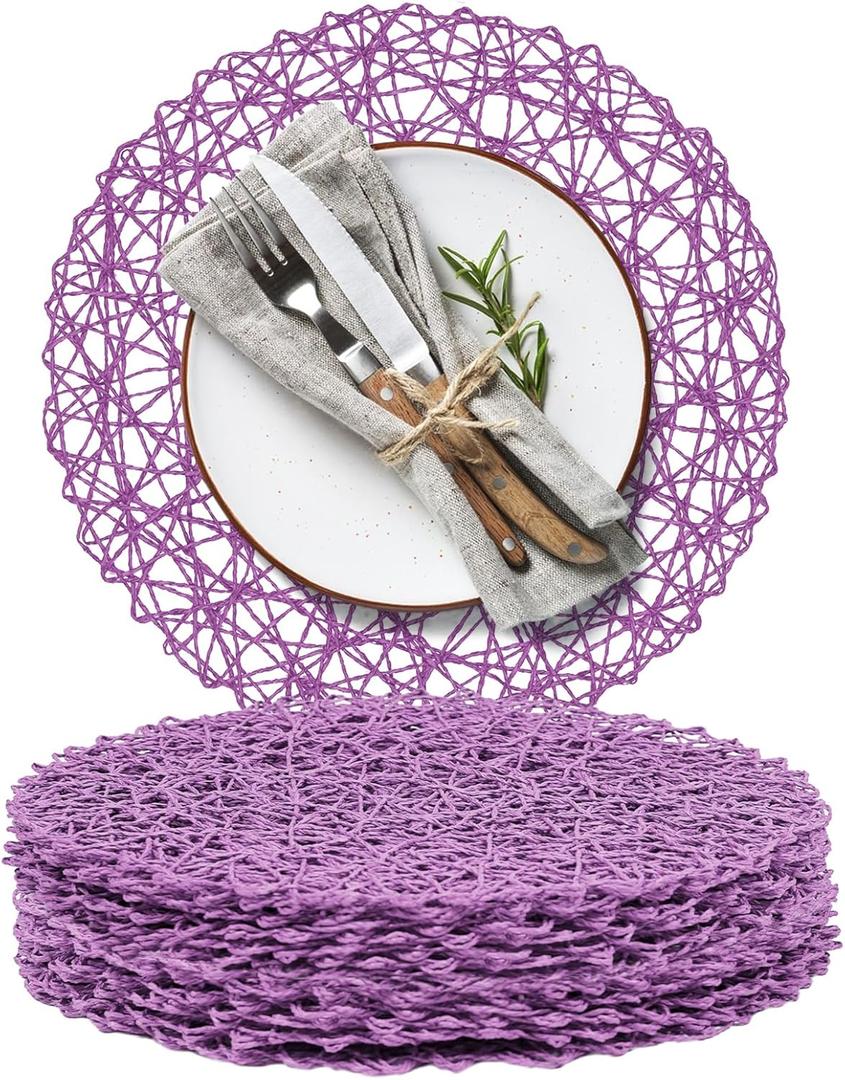 AHHFSMEI Paper Braided Round Placemats Set of 12 Natural Non-Slip Heat Resistant Table Mats for Dining Tables Woven Indoor Outdoor Place mats(Purple,12)