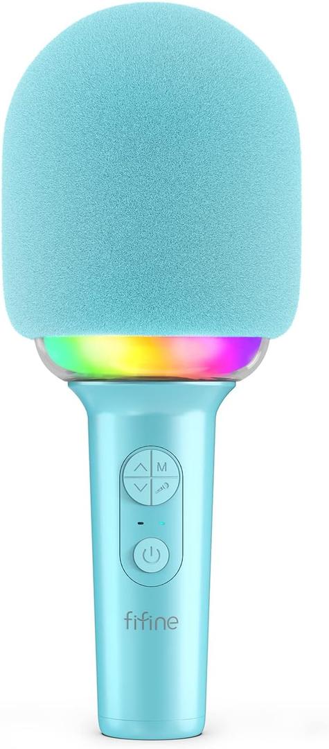 FIFINE Wireless Bluetooth Karaoke Microphone with Built-in Speaker, Portable Singing Microphone for Kids Adults Party Gifts with RGB LED Lights, Magic Voice, for Phone-AmpliSing E2 Blue
