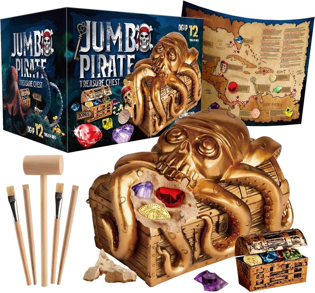 Jumbo Pirate Dig Kit - Dig up 12 Pirate Treasures, Gemstones, Gold Coins - Pirate Toys for Kids - Great Birthday Party Supplies, Gifts Idea for Boys & Girls - Includes Treasure Chest