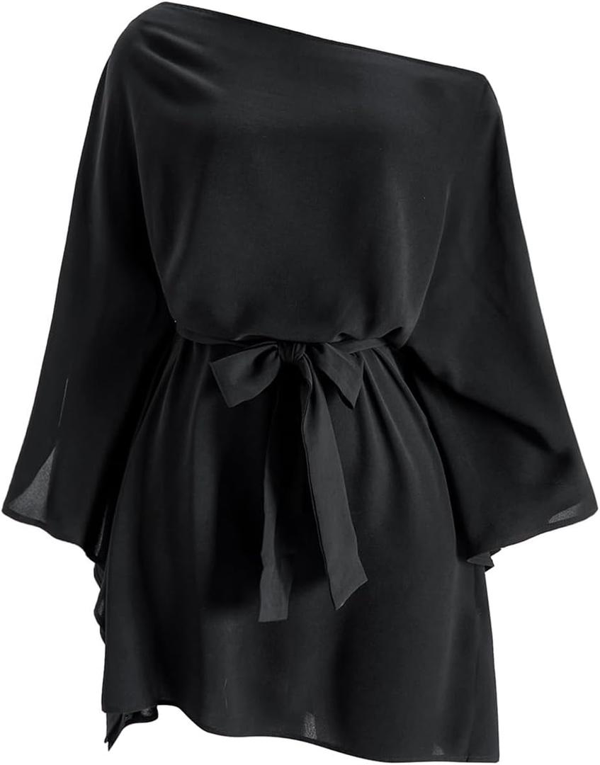 Women's Off The Shoulder Mini Dress 3/4 Bell Sleeve Belted Flowy Dresses Beach Vacation Clothes (Medium, Black)