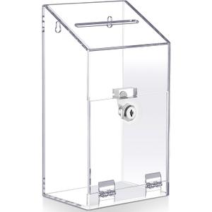 Juexica Acrylic Donation Box 10.2" x 5.6" x 4" Suggestion Raffle Box Tip Jar with Lock and Slot Wall Mount Safe Key Drop Ballot Fundraising for Home Office Vote(Clear)