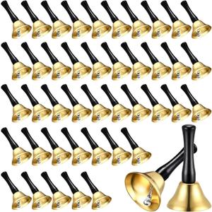 Yeshone 50 Pcs Small Steel Hand Bells Bulk Dinner Service Bells with Plastic Handles Call Handbells for Church Classroom Sick Elderly Teachers Adults(Gold)