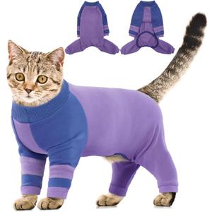 Sticky Hair Cat Clothes, Four-Leg Long Sleeve Cat Pajamas, Prevent Fur Shedding Kitten Onesie Shirts, Surgery Recovery Suit for Male Female, Wound Protection & Preventing Licking (Medium, Purple)