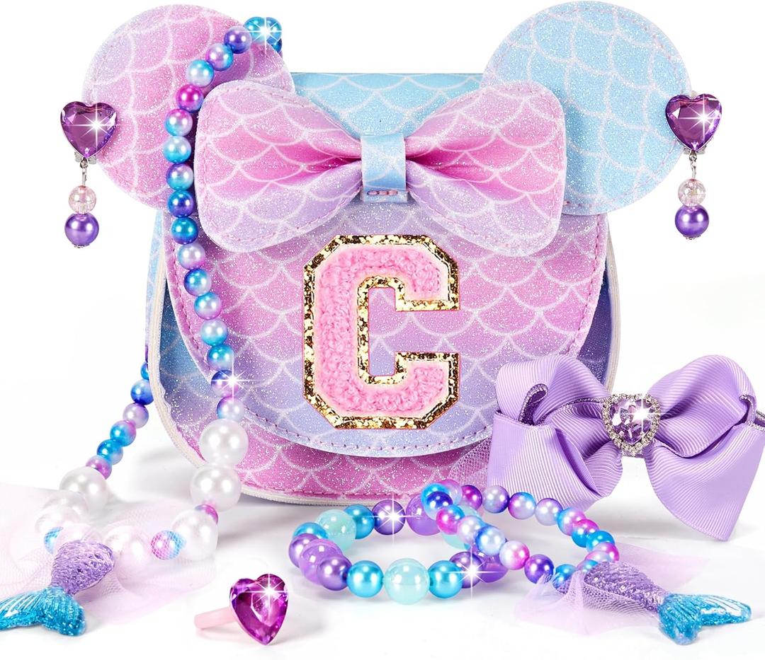 Toddler Purse Gifts for Girls, Little Girl Gifts Princess Dress Up Jewelry Mermaid Toys Mini Mouse Ears Birthday Gifts for Girls 3-8 Year old (C, Mermaid Purple)