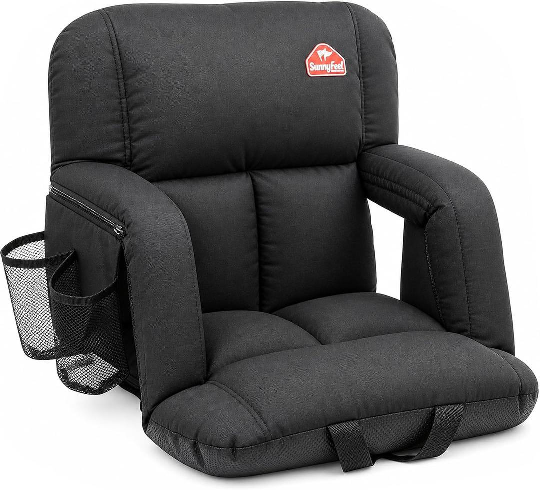 SUNNYFEEL Stadium Seat with Back Support, 4.7" Thick Cushion, 6 Reclining Positions Bleacher Chair with Shoulder Straps, Armrests & Storage Pockets, Non-Slip Strap, Portable for Sports Camping, 21"