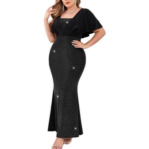 ZOMVA Women's Plus Size Sparkly Maxi Dress Ruffle Short Sleeve Bodycon Mermaid Gown Formal Cocktail Party Club Evening (3X-Large Plus, Black)