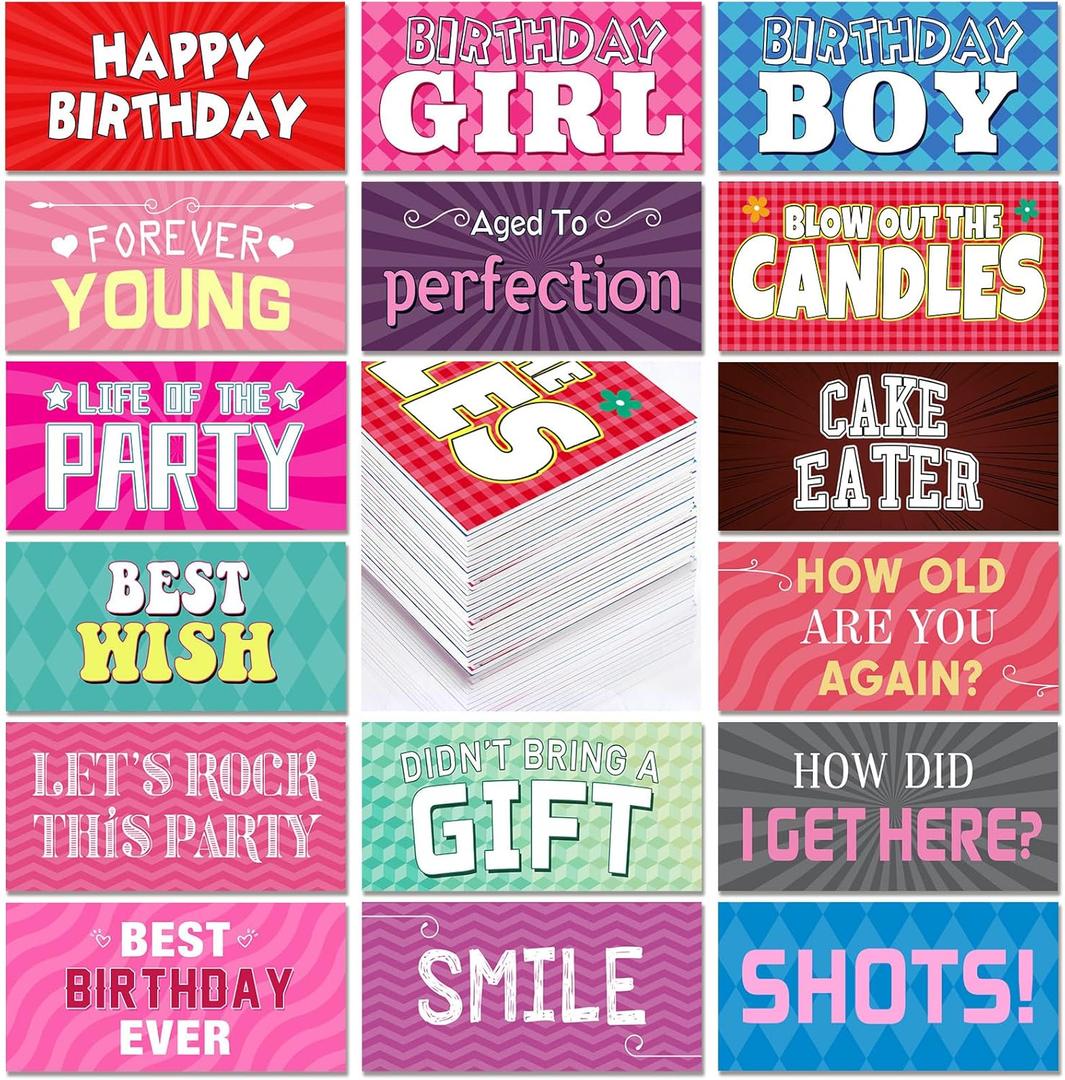24 Designs Birthday Photo Booth Props Double Sided 11x5.5 Inch Photo Booth Props Happy Birthday Parties Decorations Set DIY Water Proof Selfie Signs PVC Printing for Holiday Party Supplies (Colorful)