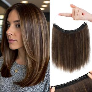 REECHO 12" Invisible Wire Hair Extensions with Thinner Softer Lace Weft Adjustable Size Removable Secure Clips in Short Straight Secret Hairpiece for Women - Dark Brown with Highlights