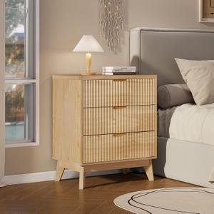 LYNCOHOME Fluted Night Stand with 3 Drawers, Modern Wood Chest of Bedside Table with Curved Profile, Fluted Dresser Organizer for Bedroom (Natural)