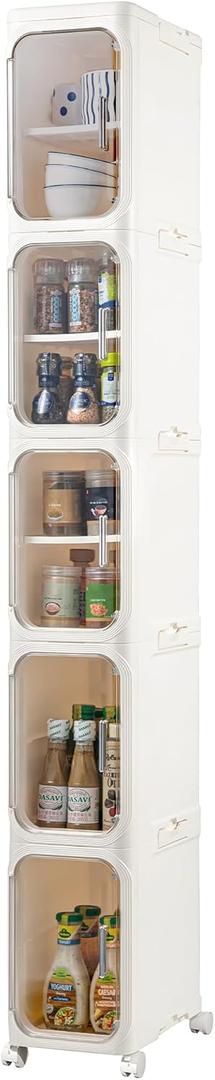 5-Tier Narrow Storage Cabinet Slim Bathroom Storage Cabinet with Movable Wheels Tall Bathroom Organizer Skinny Cabinet for Small SpacesBeige