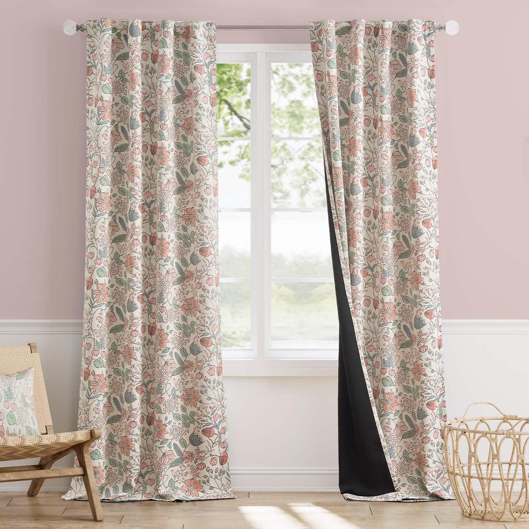 Vangao Pink Nursery Curtains for Girls Room Floral Blackout Curtains 96 Inch Length Farmhouse Drapes for Bedroom Room Darkening Window Flower Patterned Treatment for Kids Set of 2