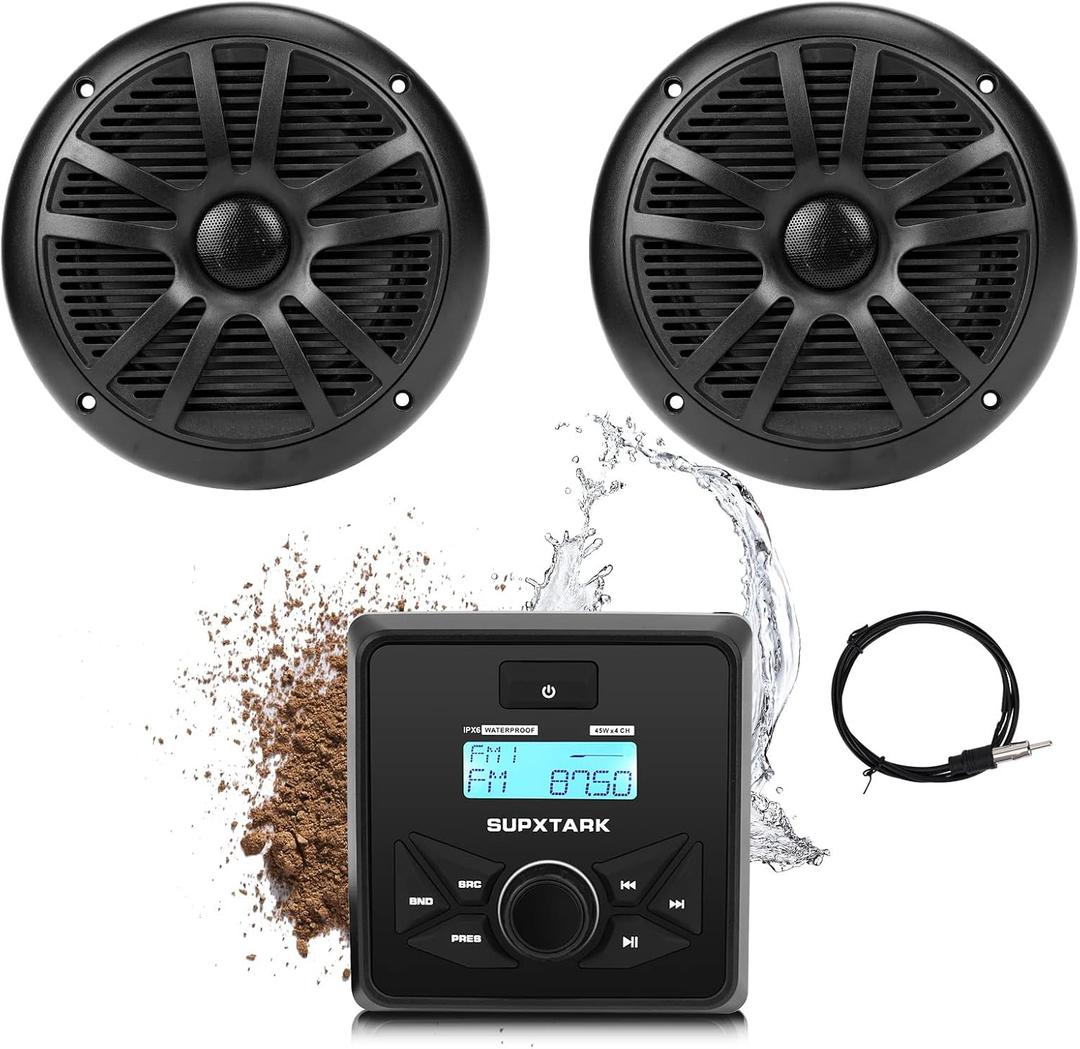 Marine Stereo Audio System with Marine Speakers and Gauge Receiver Package, IPX6 Weatherproof Bluetooth Audio Receiver and AM FM Radio Receiver, USB, MP3, Aux input, 2 x 6.5 Inch Black Marine Speakers
