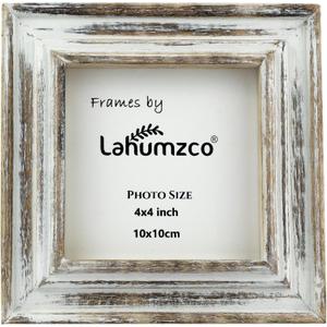 Lahumzco Rustic White Wash Wooden Photo Frame 4x4 Inch  Distressed Farmhouse Style Picture Frame for Tabletop & Wall  Shabby Chic Vintage Decor, Gift-Ready  Real Glass Front, Handcrafted Quality