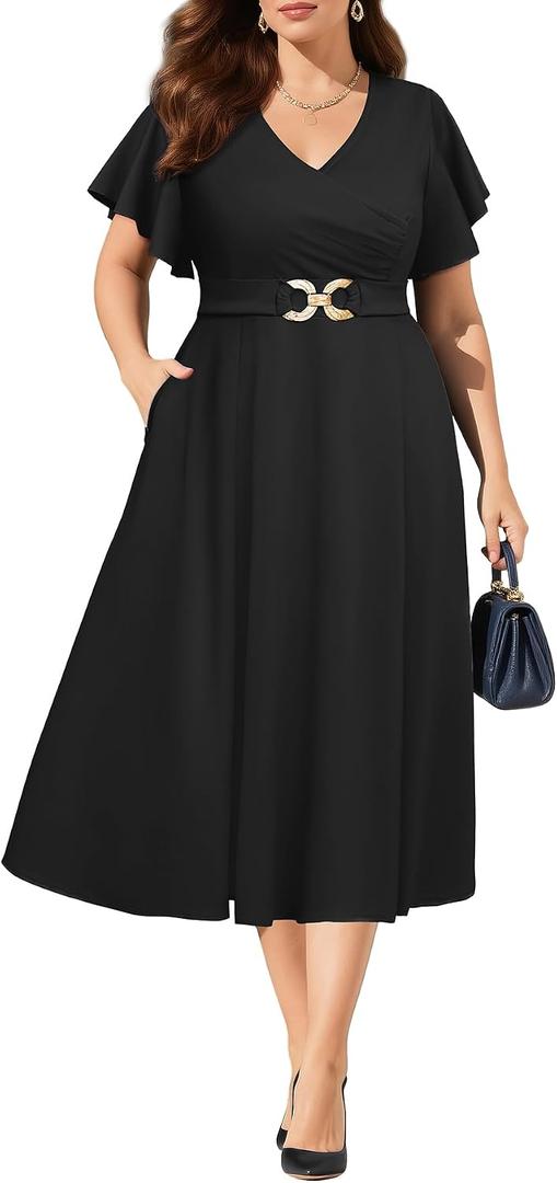 Pinup Fashion Women Plus Size Dresses for Wedding Guest - Cocktail Semi Formal A-Line Midi Dress with Pockets (Black, 18W)