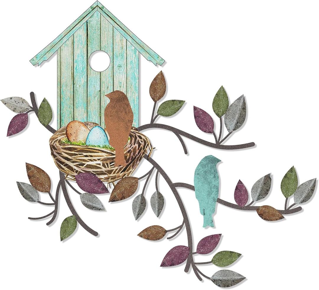 Peryiter Birds Wall Metal Decor for Outdoor Art Hanging Metal Tree with Birdhouse for Living Room Tree Leaf Wall Decor for Indoor Outdoor Garden(Brown, Light Blue)