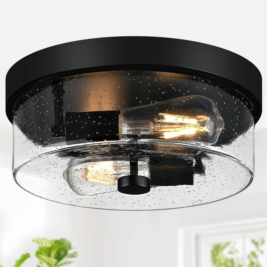 Black Flush Mount Ceiling Light Fixtures, 2-Light Ceiling Mount for Farmhouse with Seeded Glass Lampshade, Industrial Flush Mount Light Fixture Farmhouse for Hallway, Kitchen, Entryway and Foyer, Matte Black