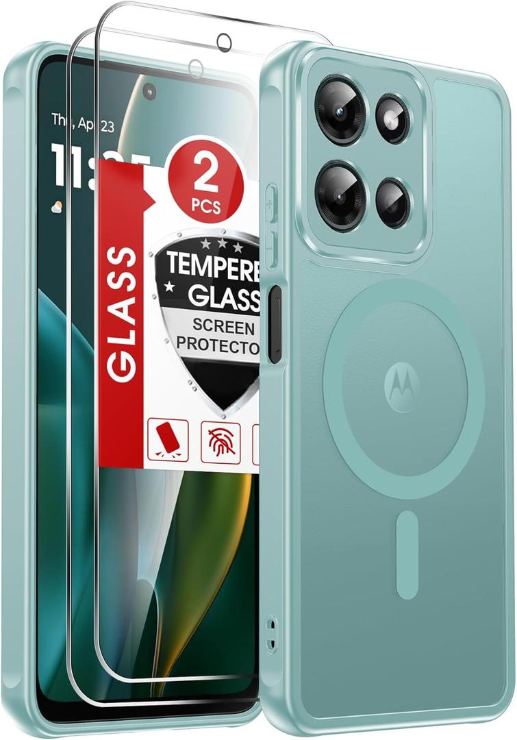LeYi for Motorola Moto-G-2025 Case: Moto G 2025 Phone Case with Screen Protector X 2, [Magnet Fit] Matte Translucent Soft-Touch & Full Body Shockproof Funda para Moto G 2025, Mint