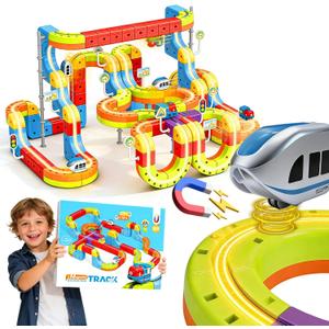 Electric Magnetic Train Toys Set- Flexible Race Track for Kids 3 4 5 6 7 8,stem Gravity Magnetic Roller Car Track for Toddlers,3D Infinity Cube Track Learning Gift Anti-Gravity Design,141 Pcs/2 car