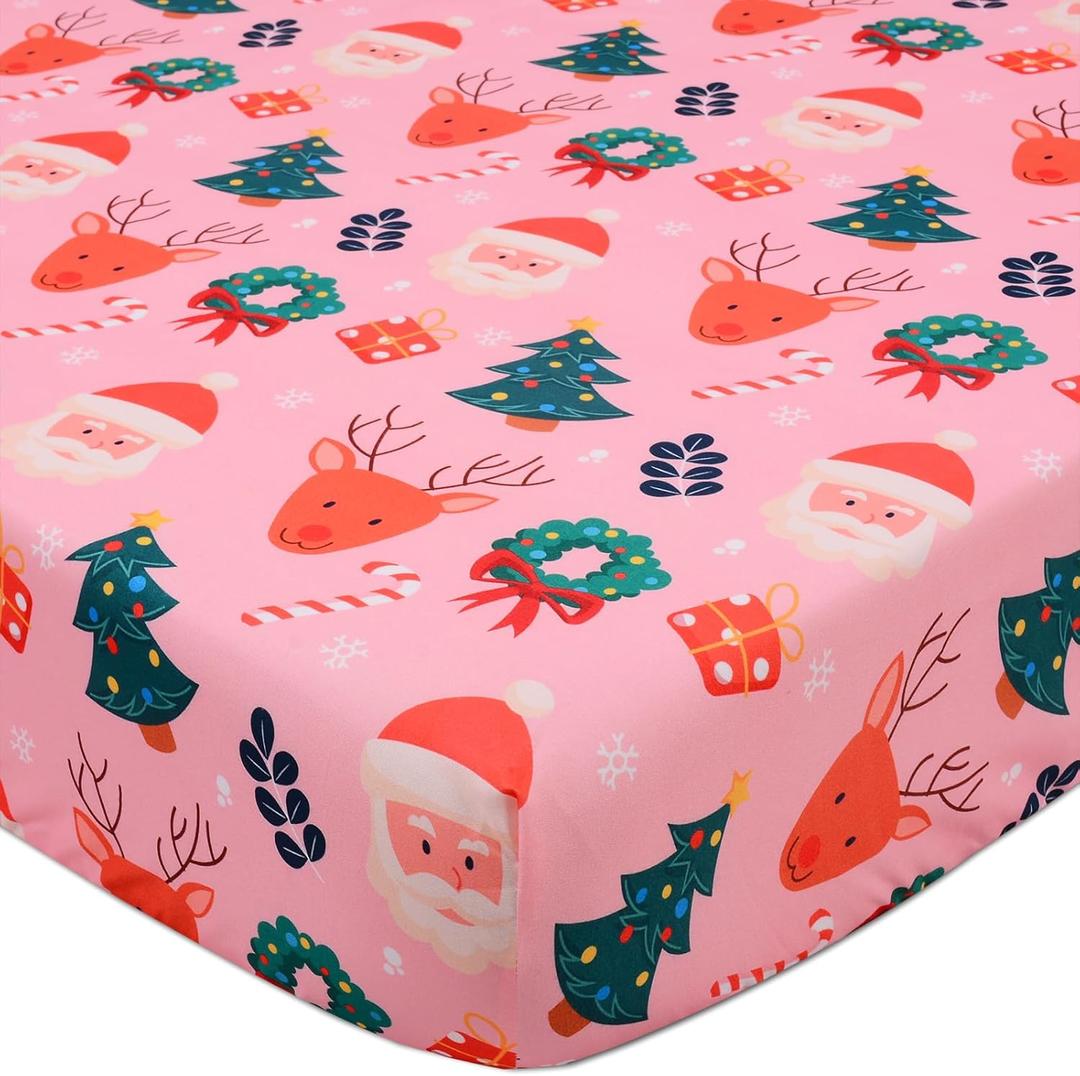 Christmas Crib Sheet, Fitted Crib Sheet with Christmas Tree, Elk, Santa Claus, Measuring 52'' x 28'' to fit Standard Crib & Toddler Mattresses, Pink