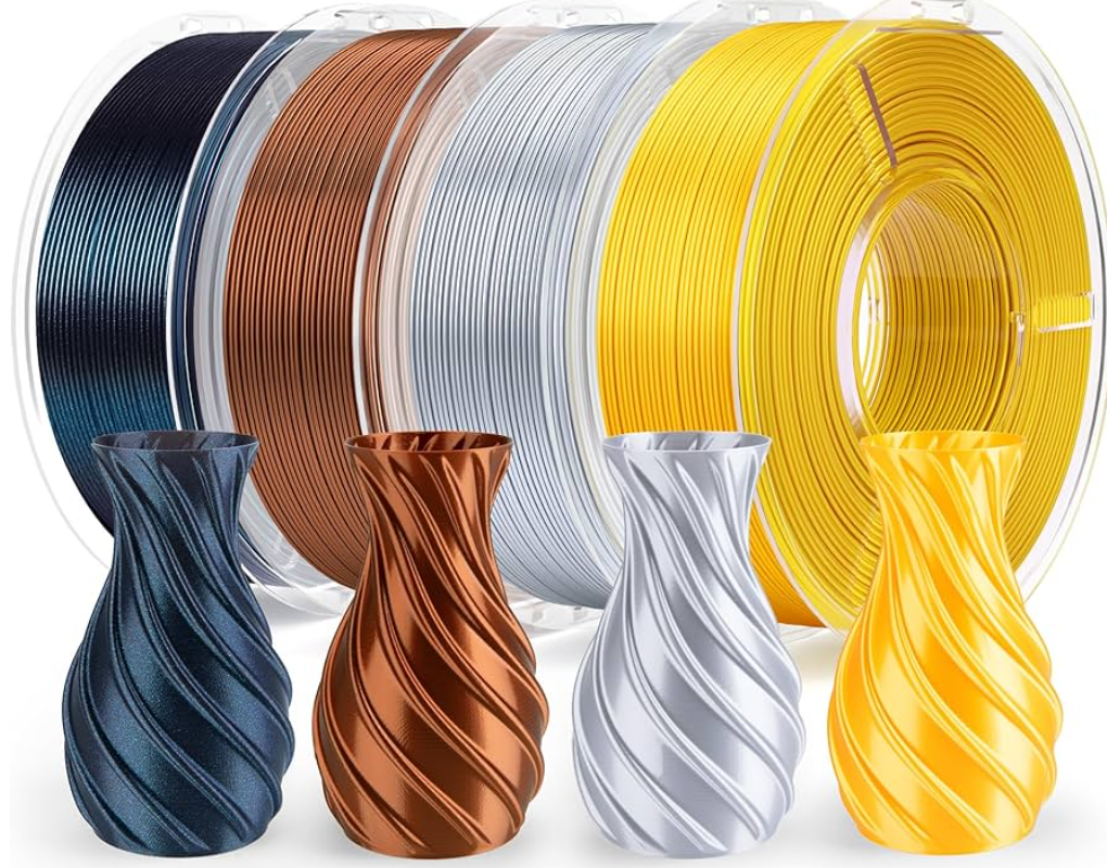 ELEGOO 250g Silk PLA Filament Bundle 1.75mm, 4 Colors 3D Printer Filaments Dimensional Accuracy +/- 0.02mm, 4 Pack 250g Spool, Silk Gold/Silk Silver/Silk Bronze/Galaxy Black