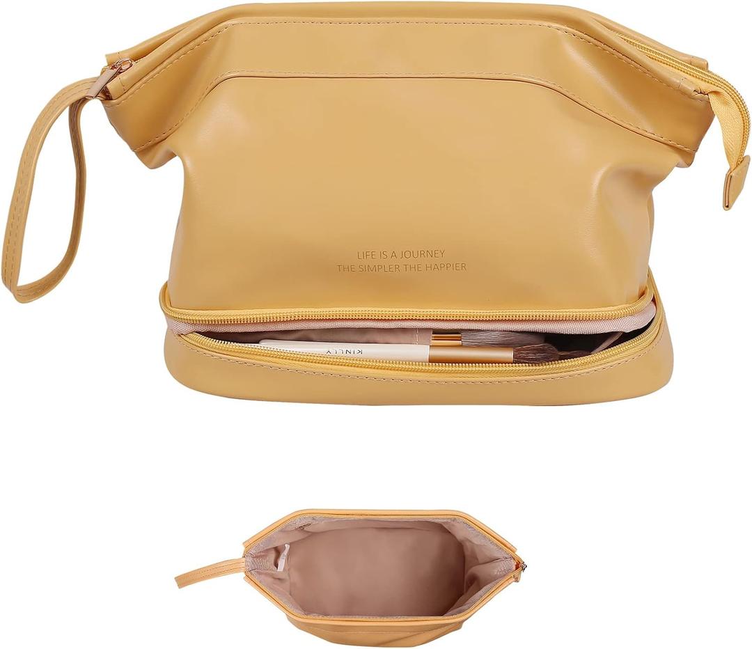 Abiudeng Large Capacity Makeup Bag Ladies Cosmetic Bag Travel Bag with Compartments Portable PU Leather Travel Makeup Bag with Handle (Yellow)