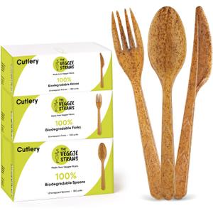 100% Biodegradable Cutlery Made of Vegetable Fibers, 300 PCS of 6.7 Long Heavy-Duty and Splinter Free Eco-Friendly Spoons, Forks & Knives, Perfect Sustainable Cutlery by The Veggie Straws