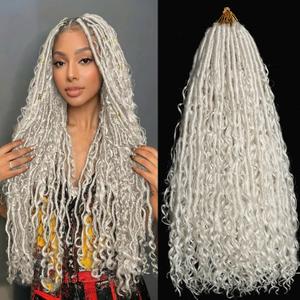 Silver White Goddess Locs Crochet Hair 7-Pack Pre Looped Braiding Hair 84 Strands Bohemian Faux Loc Boho Braids River Locs Dreadlocs Hair for Black Women (Silver white, 18 Inch(Pack of 7))