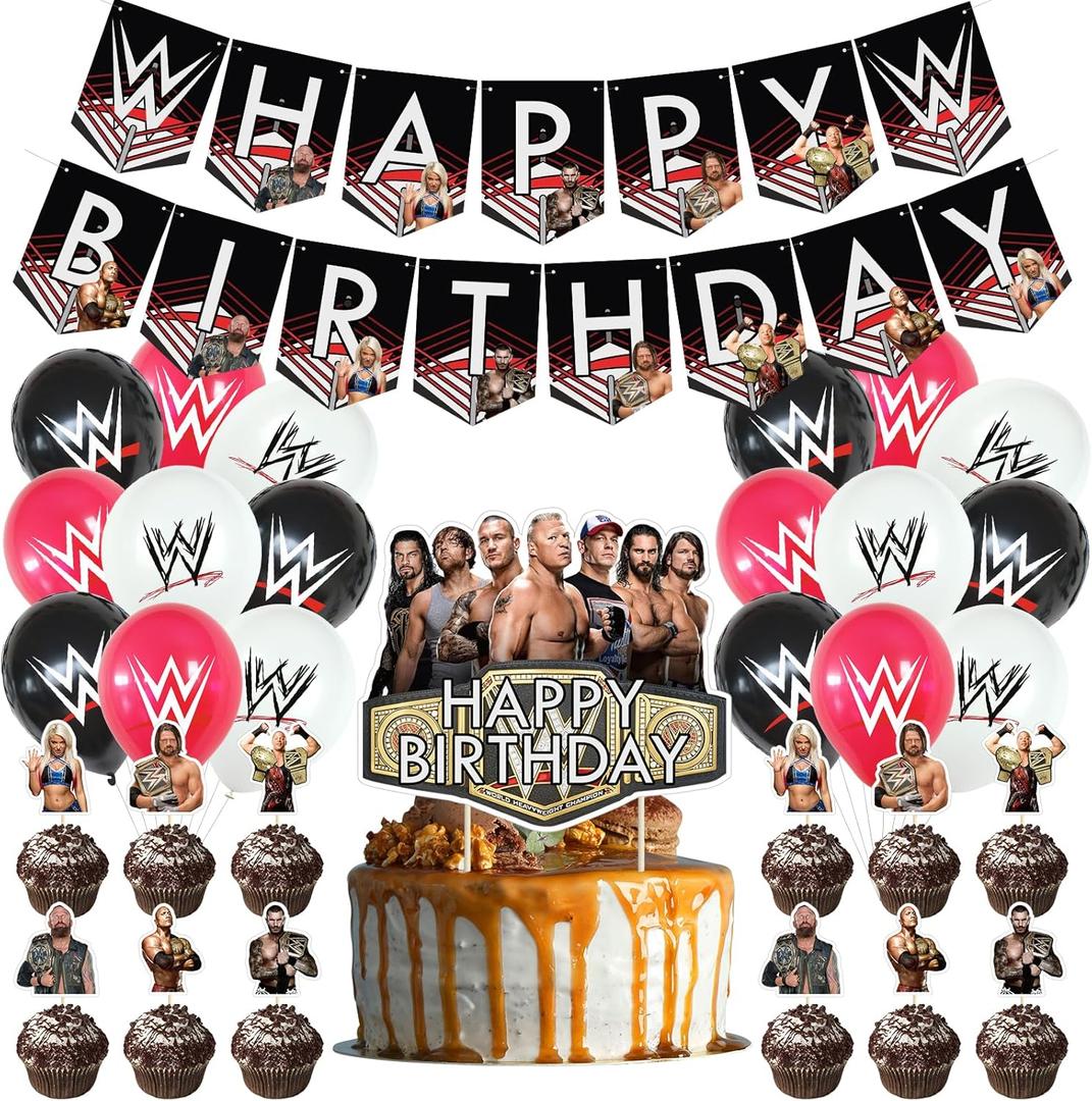 Wrestling Birthday Decorations, Wrestling Party Supply include Happy Birthday Banner, Cake Topper, Cupcake Toppers, Balloons for Kids Adults Party Decorations (Black)