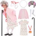 FAYBOX 9 pcs Old Lady Costume for Kids,100 Days of School Costume Old Lady Wig for Girls, Granny Grandma Dress Up (5-7 yr, Pink)