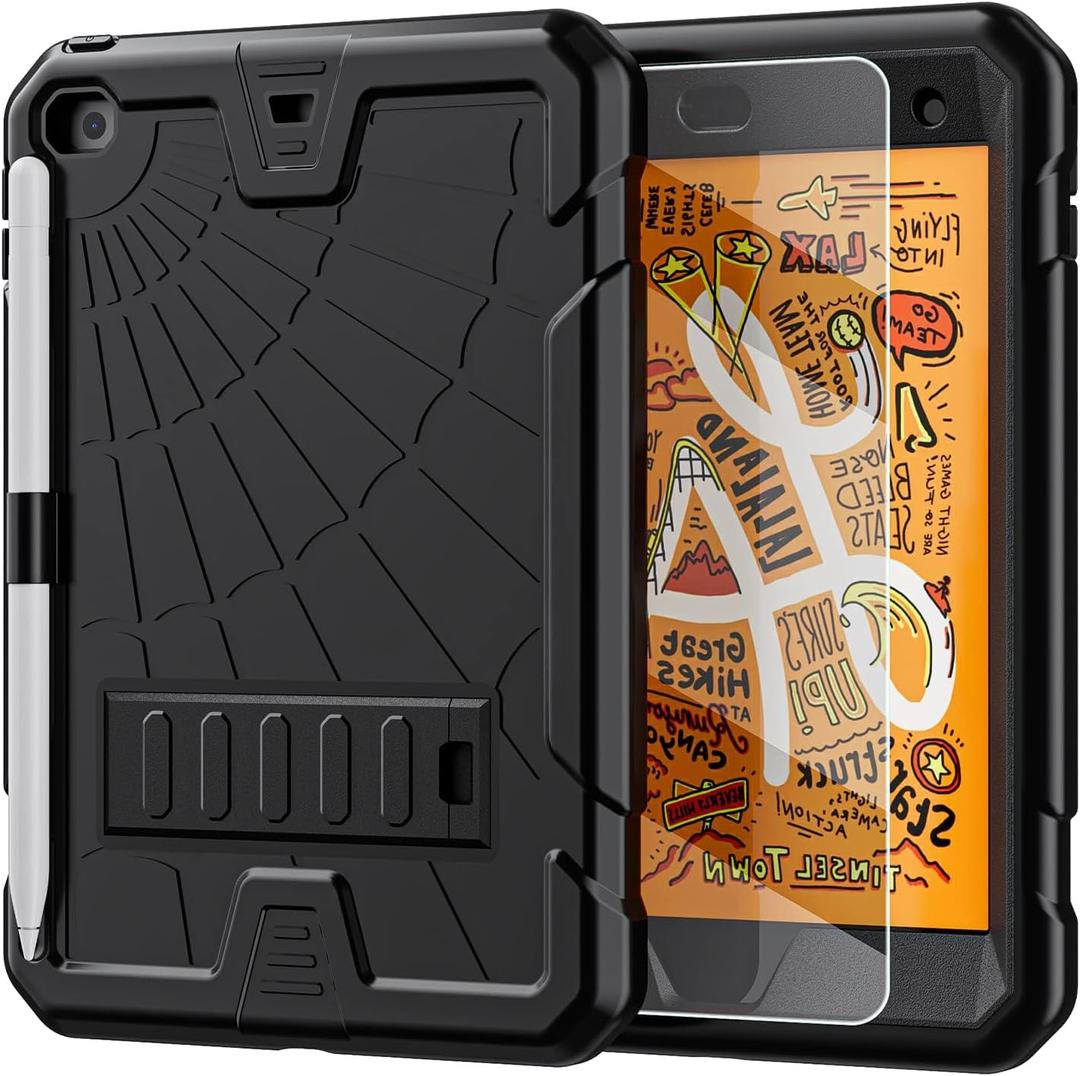 TSQQST iPad mini 4/5 Case with Glass Screen Protector for Kids | iPad mini 5th Generation Case with Pencil Holder Stand | Shockproof Rugged Protective Case for iPad mini 5/4 7.9 Inch | Black