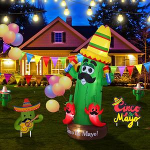 7ft May Carnival Cactus Inflatable Decoration, Holiday Yard Decoration with LED Lights, Outdoor Inflatable Decoration for Yard, Garden, Patio,