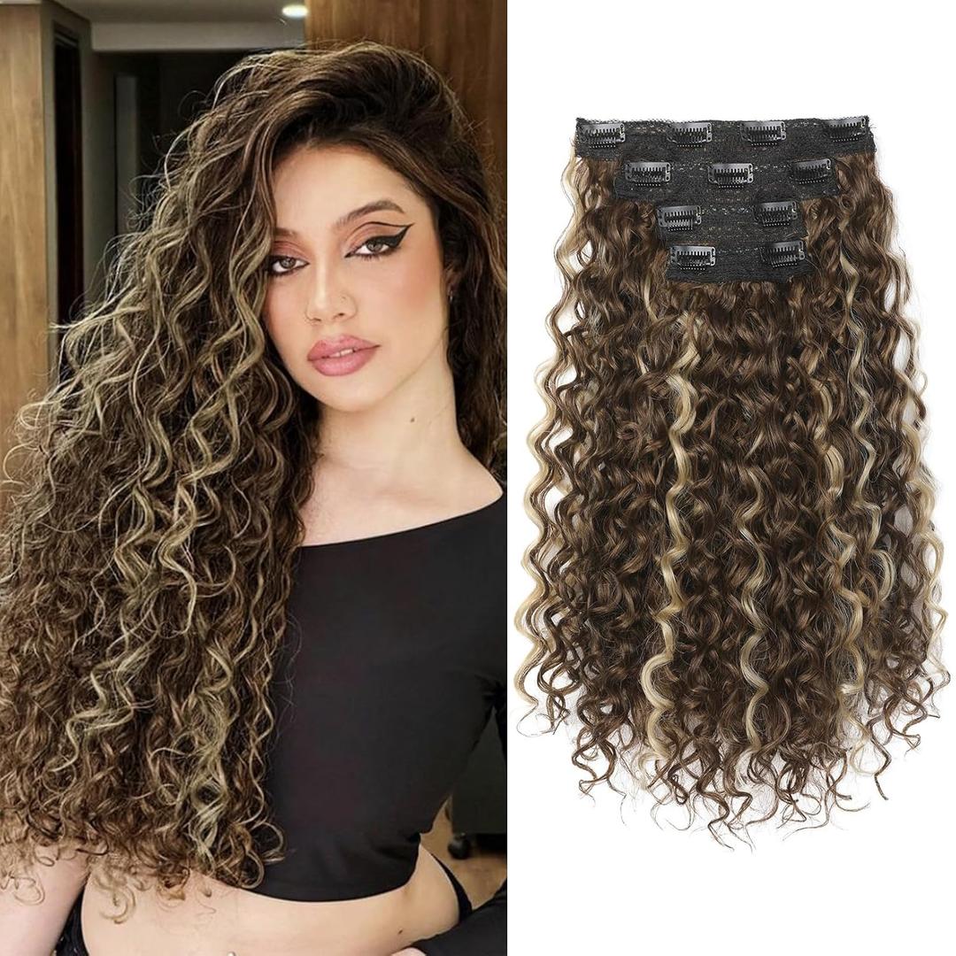 Clip in Hair Extensions, FLUFYMOOZ 4PC 100 Pure Protein Silk Hair Extensions Long Soft Natural Hairpiece 16 Inch Curly Hair Extension for Women (Medium Brown Ash Blonde Highlight)