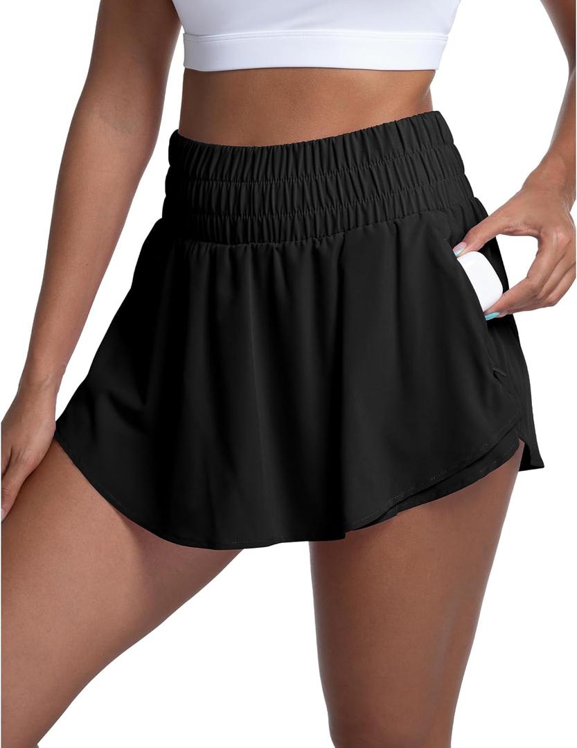LUCKYCATCUS Women's High Waisted Athletic Shorts Flowy Ruffle Skirt Front Workout Tennis Running Shorts for Women with Zipper Pocket Navy blue, M