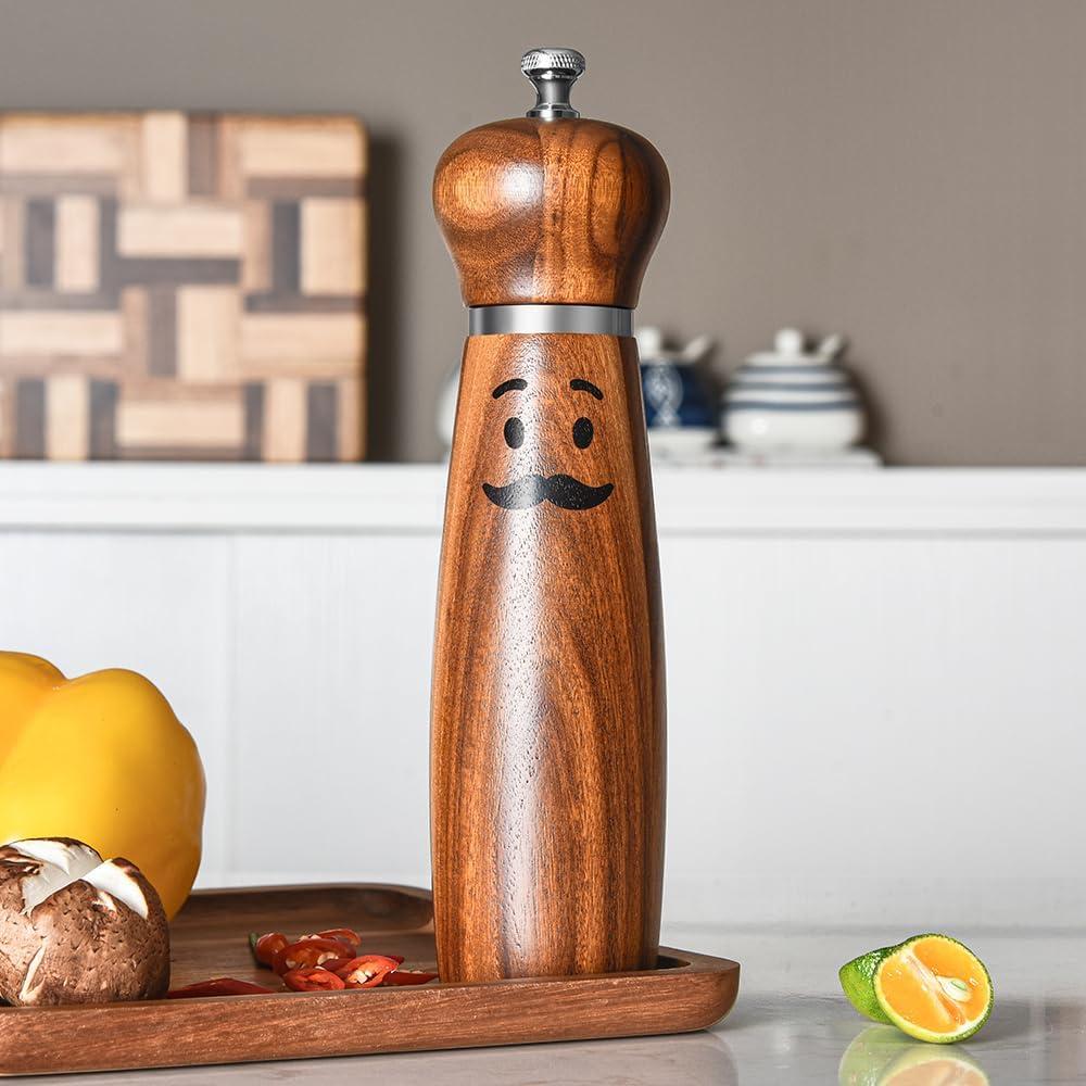 Wooden Salt or Pepper Grinder, 8 Inch Acacia Wood Mill with Adjustable Ceramic Grinder, Stainless Steel Top, Refillable Pepper Mill, Mustache Design