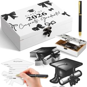 Resurhang 60 Pcs Bow Graduation Wooden Card Box and Black and Gold Advice and Wishes Cards with Pen Class of 2026 Gifts for The Graduation Party Favors Going Away Party Decorations Supplies