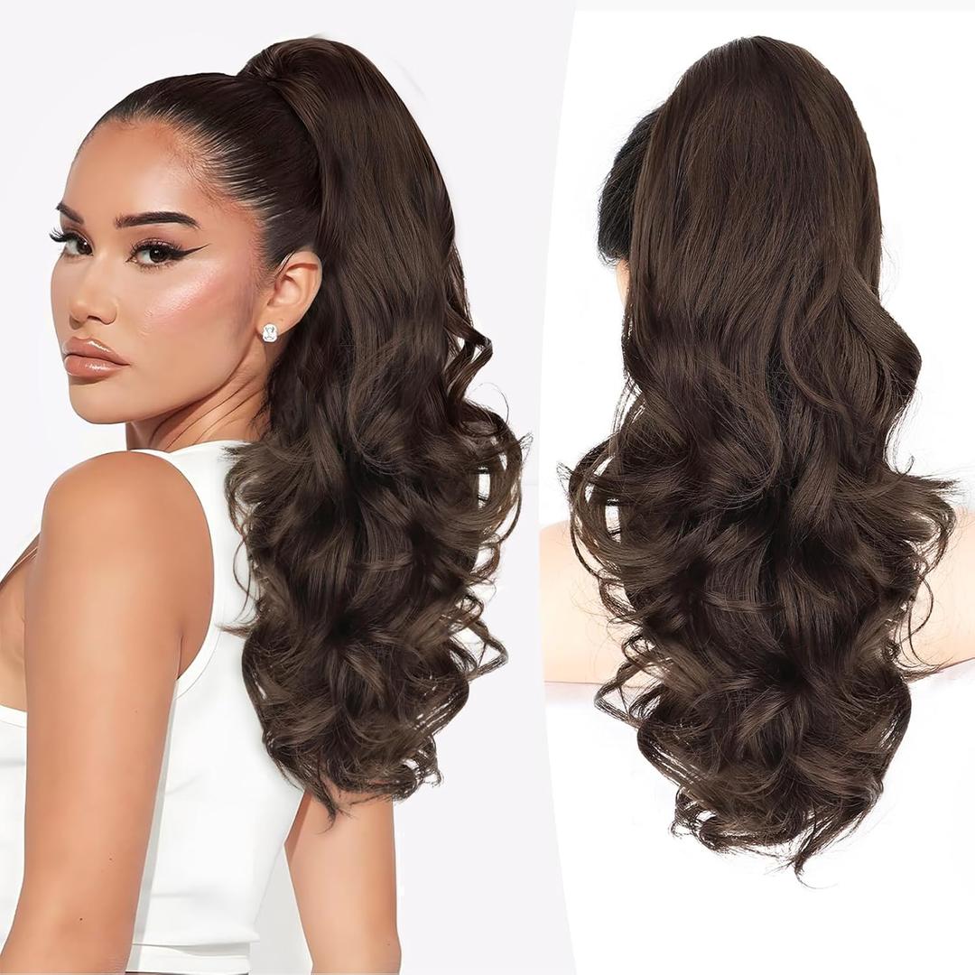 ALXNAN Claw Long Wavy Ponytail Extension,18 Inch Curly Pony Tail Clip in Hair Extensions for Women,Dark Chocolate Brown Clip on Pony Tails Hair Extensions