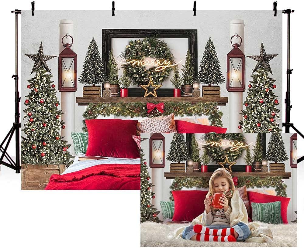 MEHOFOND 7x5ft Red Christmas Headboard Bed Backdrop Kids Portrait Photography Winter Holiday Family Picture Photoshoot Merry Xmas Tree Photo Background Party Decor Banner