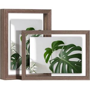 Egofine 5x7 Floating Frames Set of 2, Double Plexiglass Picture Frame, Made of Solid Wood Display Any Size Photo up to 5x7, Wall Mount or Tabletop Standing, Brown